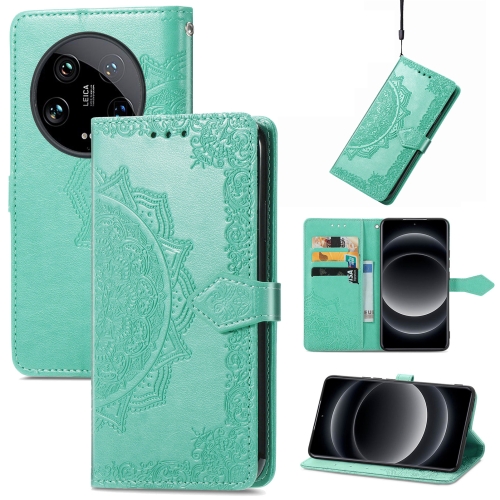 

For Xiaomi 14 Ultra Mandala Flower Embossed Leather Phone Case(Green)