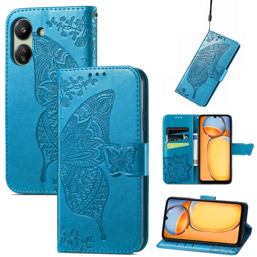 

For Xiaomi Redmi 13C Butterfly Love Flower Embossed Leather Phone Case(Blue)