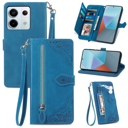 

For Xiaomi Redmi Note 13 Pro 5G Embossed Flower Zipper Leather Phone Case(Blue)