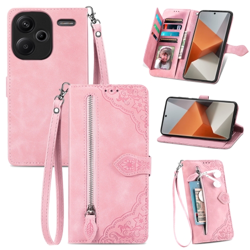 

For Xiaomi Redmi Note 13 Pro+ Embossed Flower Zipper Leather Phone Case(Pink)