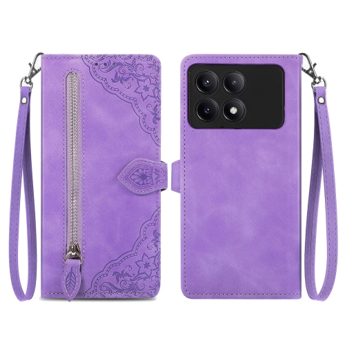 

For Xiaomi Redmi K70E Embossed Flower Zipper Leather Phone Case(Purple)
