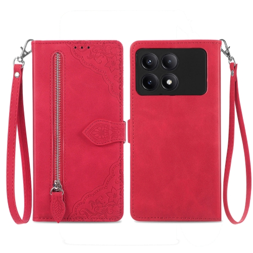 

For Xiaomi Redmi K70E Embossed Flower Zipper Leather Phone Case(Red)