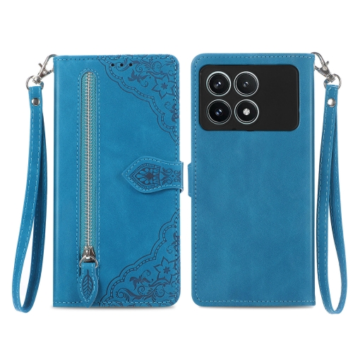 

For Xiaomi Redmi K70 Pro Embossed Flower Zipper Leather Phone Case(Blue)