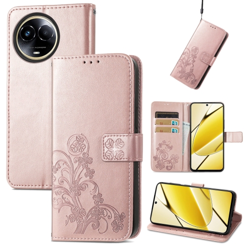 

For Realme 11 5G Global Four-leaf Clasp Embossed Buckle Leather Phone Case(Rose Gold)
