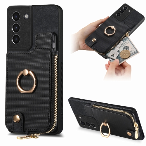 

For Samsung Galaxy S21 5G Cross Leather Ring Vertical Zipper Wallet Back Phone Case(Black)