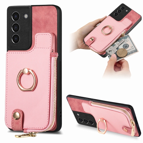 

For Samsung Galaxy S21+ 5G Cross Leather Ring Vertical Zipper Wallet Back Phone Case(Pink)