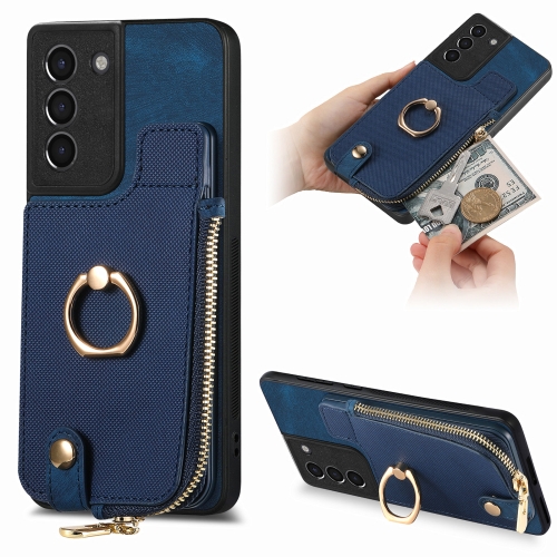 

For Samsung Galaxy S21+ 5G Cross Leather Ring Vertical Zipper Wallet Back Phone Case(Blue)