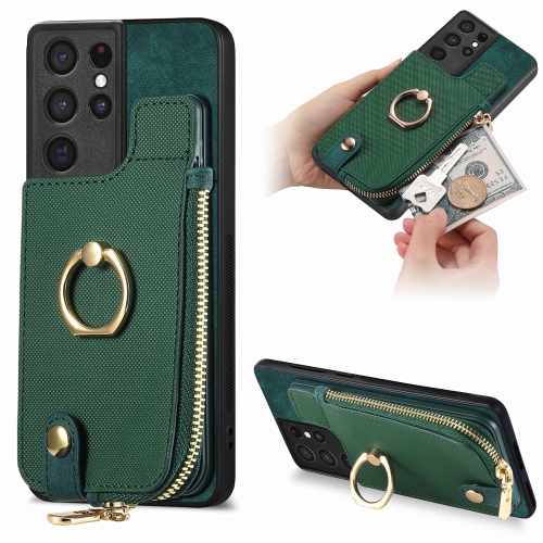 

For Samsung Galaxy S21 Ultra 5G Cross Leather Ring Vertical Zipper Wallet Back Phone Case(Green)