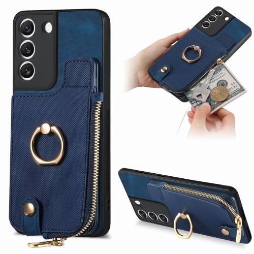 

For Samsung Galaxy S22+ 5G Cross Leather Ring Vertical Zipper Wallet Back Phone Case(Blue)