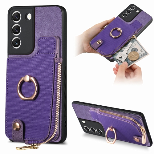 

For Samsung Galaxy S22+ 5G Cross Leather Ring Vertical Zipper Wallet Back Phone Case(Purple)