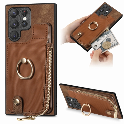 

For Samsung Galaxy S23 Ultra 5G Cross Leather Ring Vertical Zipper Wallet Back Phone Case(Brown)