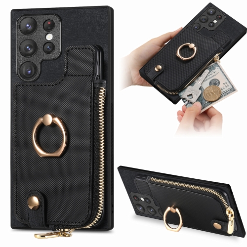 

For Samsung Galaxy S23 Ultra 5G Cross Leather Ring Vertical Zipper Wallet Back Phone Case(Black)