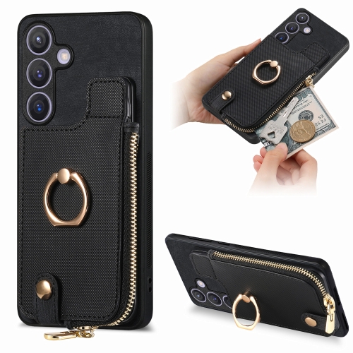 

For Samsung Galaxy S24+ 5G Cross Leather Ring Vertical Zipper Wallet Back Phone Case(Black)
