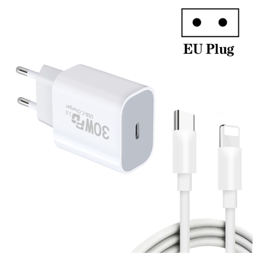 

Single Port PD30W USB-C / Type-C Charger with Type-C to 8 Pin Data Cable EU Plug