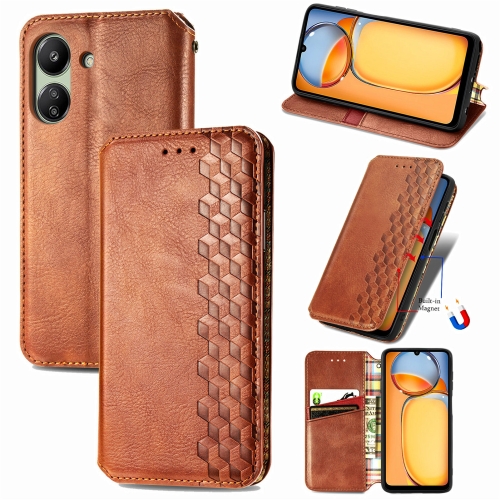 

For Xiaomi Redmi 13C Cubic Grid Pressed Magnetic Leather Phone Case(Brown)