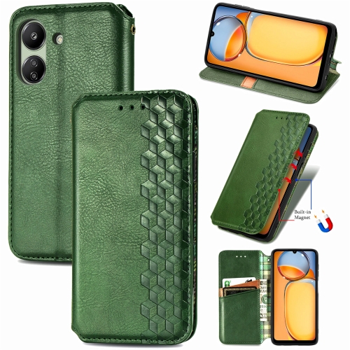 

For Xiaomi Redmi 13C Cubic Grid Pressed Magnetic Leather Phone Case(Green)