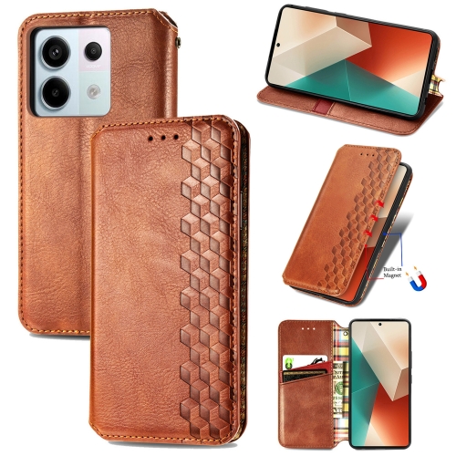 

For Xiaomi Redmi Note 13 Pro Cubic Grid Pressed Magnetic Leather Phone Case(Brown)