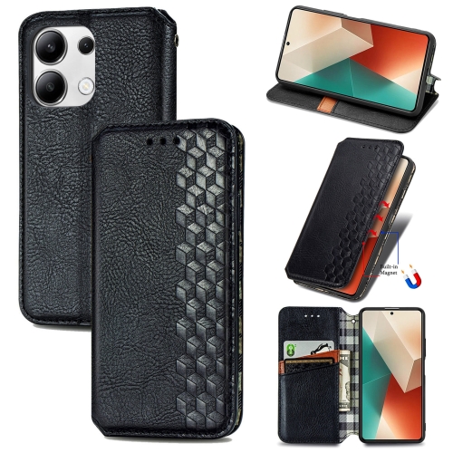 

For Xiaomi Redmi Note 13 4G Cubic Grid Pressed Magnetic Leather Phone Case(Black)
