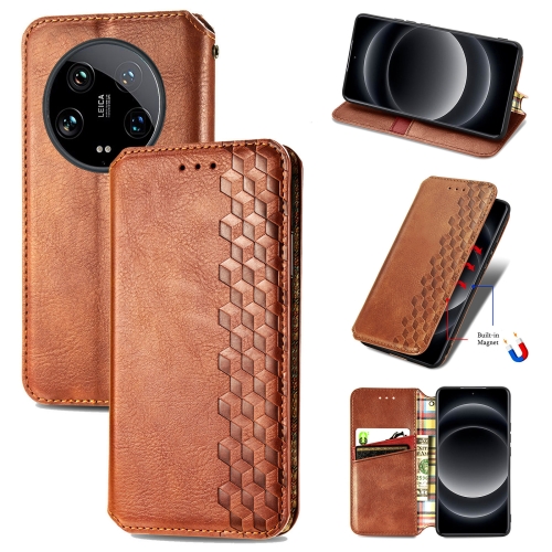 

For Xiaomi 14 Ultra Cubic Grid Pressed Magnetic Leather Phone Case(Brown)