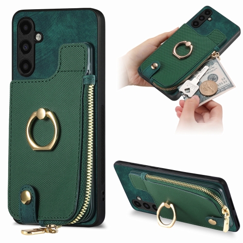 

For Samsung Galaxy A14 4G/5G Cross Leather Ring Vertical Zipper Wallet Back Phone Case(Green)