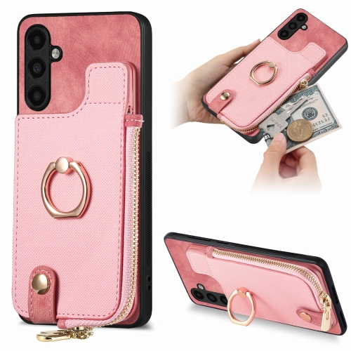 

For Samsung Galaxy A14 4G/5G Cross Leather Ring Vertical Zipper Wallet Back Phone Case(Pink)