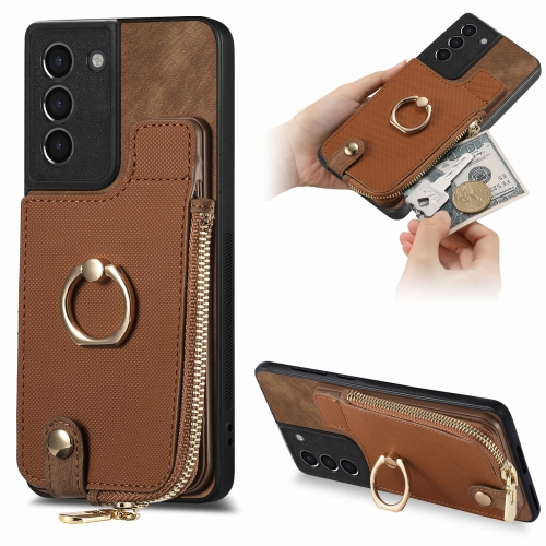 

For Samsung Galaxy S24+ 5G Cross Leather Ring Vertical Zipper Wallet Back Phone Case(Brown)