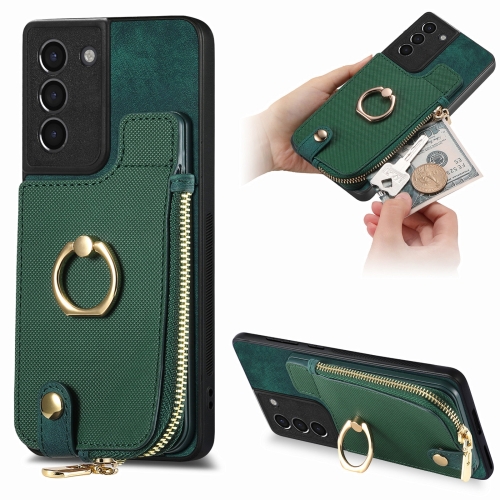 

For Samsung Galaxy S24+ 5G Cross Leather Ring Vertical Zipper Wallet Back Phone Case(Green)