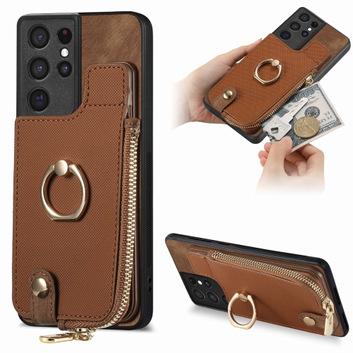 

For Samsung Galaxy S24 Ultra 5G Cross Leather Ring Vertical Zipper Wallet Back Phone Case(Brown)