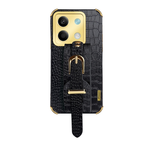 

For Xiaomi Redmi Note 13 Electroplated Wrist Strap Crocodile Leather Back Phone Case(Black)