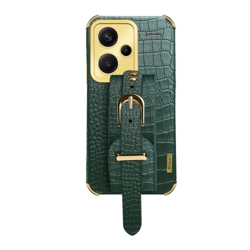 

For Xiaomi Redmi Note 13 Pro+ Electroplated Wrist Strap Crocodile Leather Back Phone Case(Green)