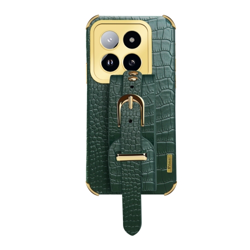 

For Xiaomi 14 Pro Electroplated Wrist Strap Crocodile Leather Back Phone Case(Green)