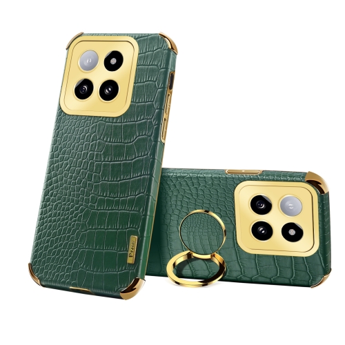 

For Xiaomi 14 6D Electroplating Crocodile Texture Leather Back Phone Case with Holder(Green)