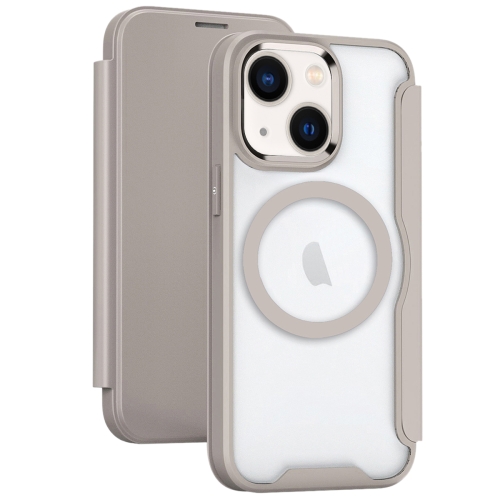 

For iPhone 14 Plus MagSafe RFID Blocking Adsorption Flip Leather Phone Case(Khaki)