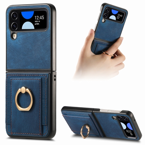 

For Samsung Galaxy Z Flip 4 Retro Skin-feel Ring Card Bag Phone Case(Blue)