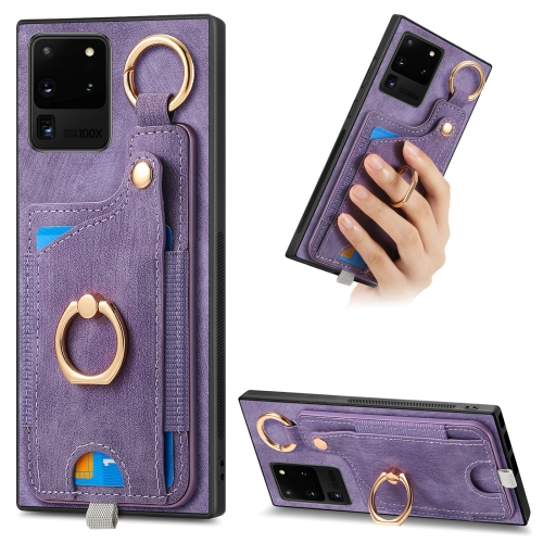 

For Samsung Galaxy S20 Ultra Retro Skin-feel Ring Card Bag Phone Case with Hang Loop(Purple)