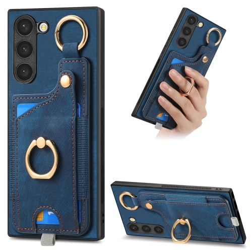

For Samsung Galaxy S21 5G Retro Skin-feel Ring Card Bag Phone Case with Hang Loop(Blue)
