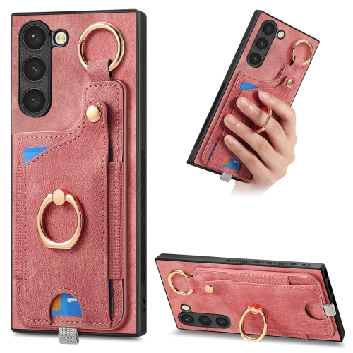 

For Samsung Galaxy S22+ 5G Retro Skin-feel Ring Card Bag Phone Case with Hang Loop(Pink)