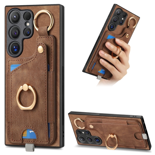 

For Samsung Galaxy S22 Ultra 5G Retro Skin-feel Ring Card Bag Phone Case with Hang Loop(Brown)