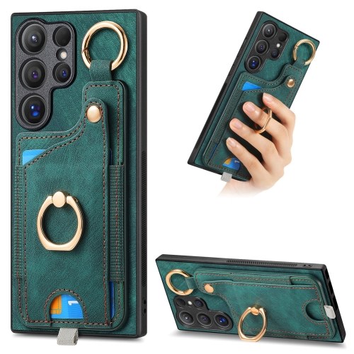 

For Samsung Galaxy S22 Ultra 5G Retro Skin-feel Ring Card Bag Phone Case with Hang Loop(Green)