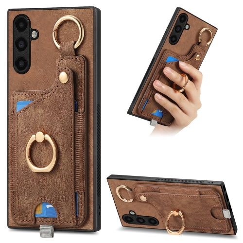 

For Samsung Galaxy S23 FE 5G Retro Skin-feel Ring Card Bag Phone Case with Hang Loop(Brown)