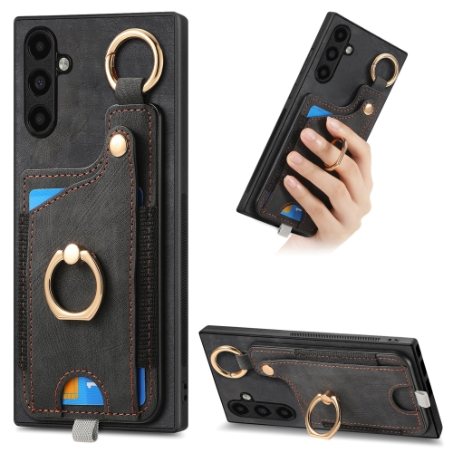 

For Samsung Galaxy S23 FE 5G Retro Skin-feel Ring Card Bag Phone Case with Hang Loop(Black)