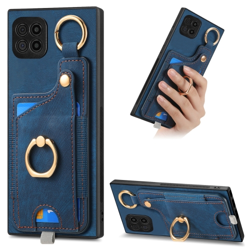 

For Samsung Galaxy A22 4G Retro Skin-feel Ring Card Bag Phone Case with Hang Loop(Blue)