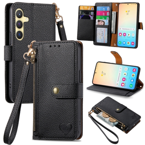 

For Samsung Galaxy S24 5G Love Zipper Lanyard Leather Phone Case(Black)