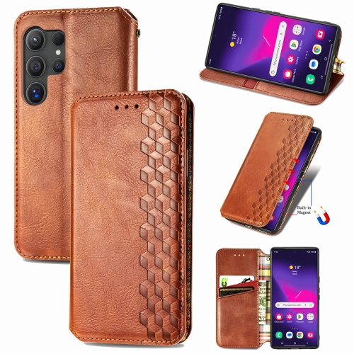 

For Samsung Galaxy S24 Ultra 5G Cubic Grid Pressed Magnetic Leather Phone Case(Brown)
