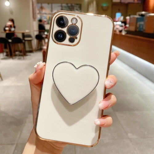 

For iPhone 14 Pro Max Electroplating Love Heart Holder TPU Phone Case(White)