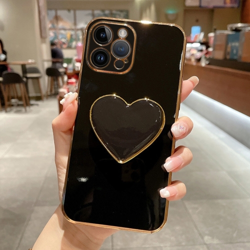 

For iPhone 14 Pro Electroplating Love Heart Holder TPU Phone Case(Black)