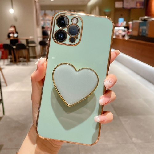 

For iPhone 14 Pro Electroplating Love Heart Holder TPU Phone Case(Green)
