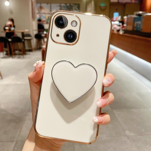 

For iPhone 14 Plus Electroplating Love Heart Holder TPU Phone Case(White)