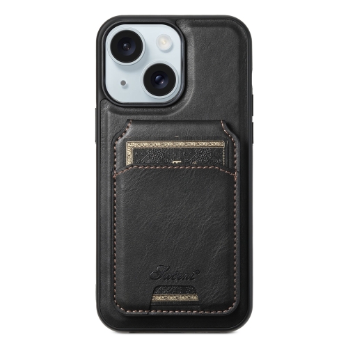 

For iPhone 15 Plus Suteni H15 MagSafe Oil Eax Leather Detachable Wallet Back Phone Case(Black)