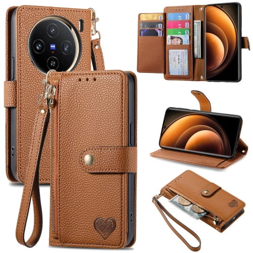 

For vivo X100 Love Zipper Lanyard Leather Phone Case(Brown)